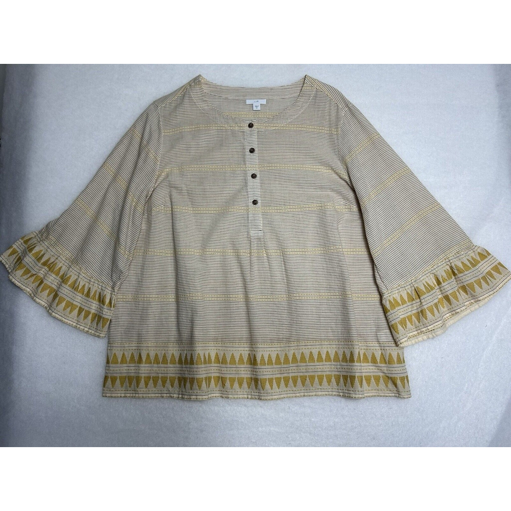 J Jill XL Boho Jacquard Bell Sleeve Organic Cotton Relaxed Aztec Festival Blouse